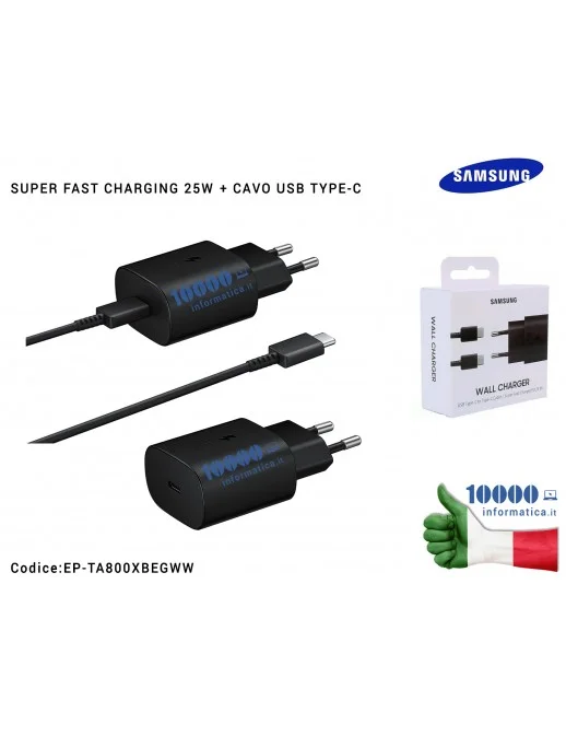 Caricabatterie USB-C [25W] SAMSUNG (NERO) + Cavo TYPE-C EP-TA800EBE (BLISTER) Galaxy Note 10 S10 5G S20 + S20 Ultra Note 20 A70 