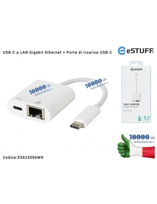 Cavo Adattatore eSTUFF da USB-C a LAN RJ45 10/100/1000 Gbps Gigabit Ethernet + Porta di ricarica USB-C [BIANCO] Charging Adapter