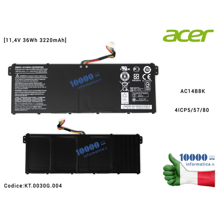 Batteria AC14B18J AC14B13J ACER Aspire ES1-512 ES1-520 ES1-521 ES1-531 C730 CB3-111 CB5-311 [11,4V 36Wh 3220mAh]