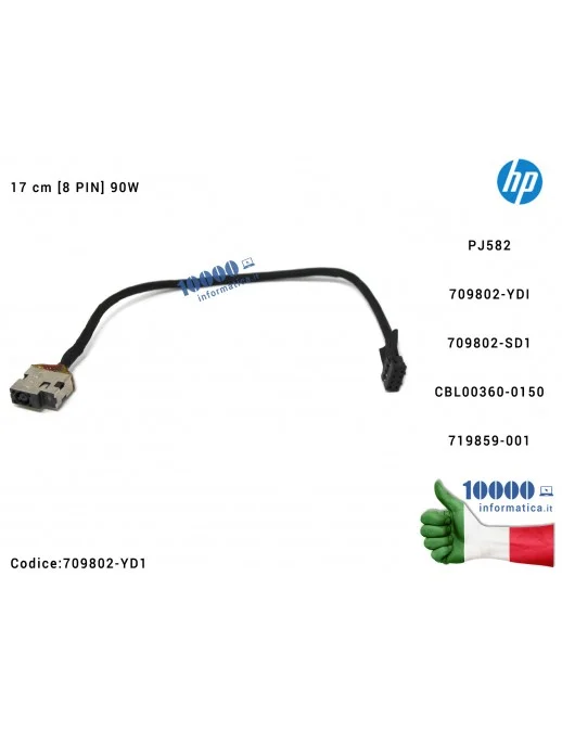 Connettore di Alimentazione DC Power Jack PJ582 HP Pavilion 15e 17e 15-J 15-J030US 15-J031NR 15-J032 (17 cm) [8 PIN] (90W) 709802-SD1 CBL00360-0150 719859-001