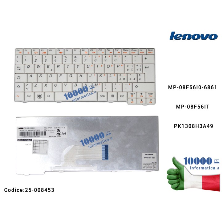 Tastiera Italiana LENOVO IdeaPad S10-2 S10-2C S10-3C S11 (BIANCA) MP-08F56I0-6861 MP-08F56IT PK1308H3A49 25-008453