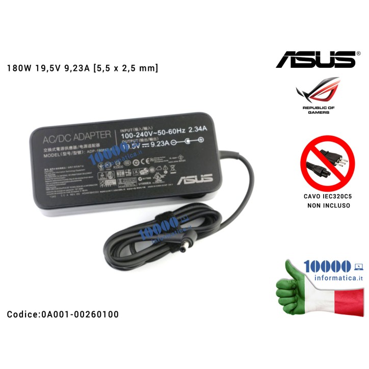 Alimentatore ASUS 180W 19,5V 9,23A [5,5 x 2,5 mm] ROG G46V G46VW G55V G55VW G750J G750JM G750JS G750JW G750JX G751J G751JL G751J