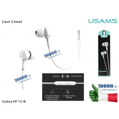 EP-12-W Cuffie Auricolari Impermeabili USAMS EP-12 Jack Audio 3,5mm [BIANCO] con Microfono e Controllo Line-in Rivestimento i...