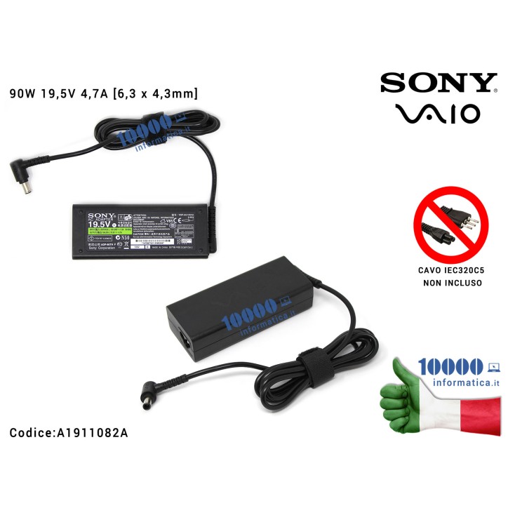 Alimentatore SONY 90W 19,5V 4,7A [6,3 x 4,3mm] VGP-AC19V42 A1833402A A1772697B AC19V35A1782893A VPCEJ VPCEH VPCEC VPCEA VPCCW VP