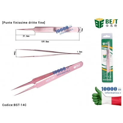 BST-14C Pinzetta di Precisione BEST BST-14C [Punte Finissime Dritte] Anti-acid Tipped Stainless Steel Tweezer Fine Pointed Ti...