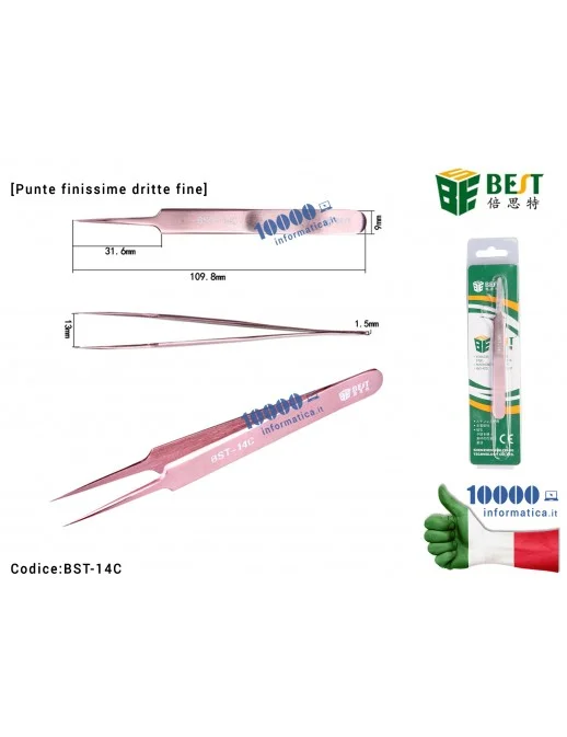 Pinzetta di Precisione BEST BST-14C [Punte Finissime Dritte] Anti-acid Tipped Stainless Steel Tweezer Fine Pointed Tips With Heat Resistance for Electronic Repair Soldering Crafting Micro-Saldature SMD Riparazioni Fingerprint Scheda Madre PCB Board