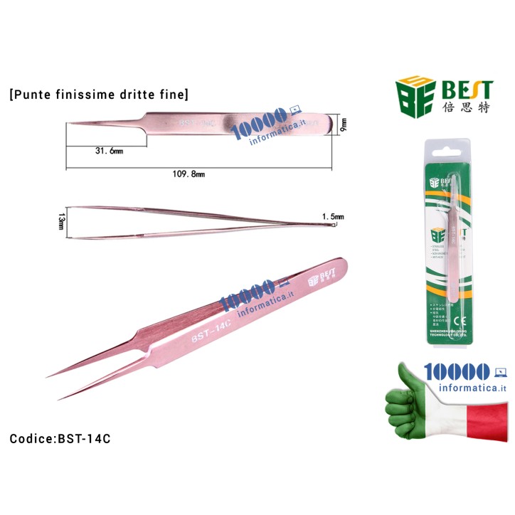 Pinzetta di Precisione BEST BST-14C [Punte Finissime Dritte] Anti-acid Tipped Stainless Steel Tweezer Fine Pointed Tips With Heat Resistance for Electronic Repair Soldering Crafting Micro-Saldature SMD Riparazioni Fingerprint Scheda Madre PCB Board