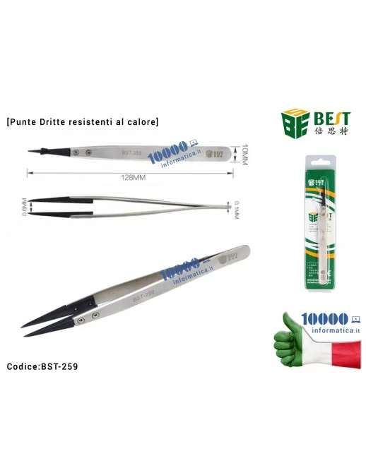 Pinzetta di Precisione BEST BST-259A [Punte Dritte Resistente Al Calore Intercambiabili] Acciaio carboplastica Stainless Steel Highly Precise Anti-static Removable Head Tweezers With Heat Resistance for Electronic Repair Soldering Crafting Micro-Saldature SMD Riparazioni Fingerprint Scheda Madre PCB