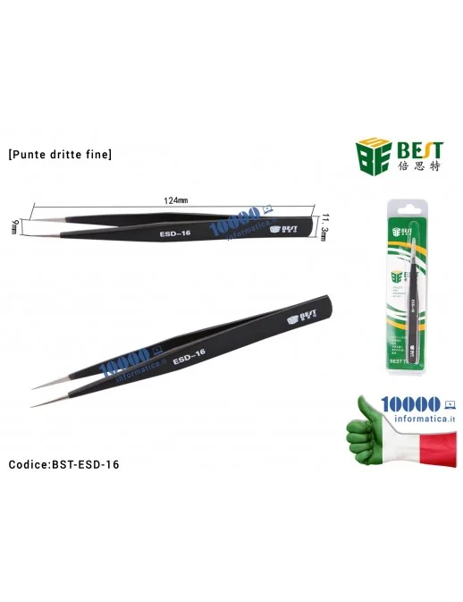 Pinzetta di Precisione BEST ESD-16 [Punte Fine Dritte] Anti-acid Tipped Stainless Steel Tweezer Fine Pointed Tips With Heat Resistance for Electronic Repair Soldering Crafting Micro-Saldature SMD Riparazioni Fingerprint Scheda Madre PCB Board