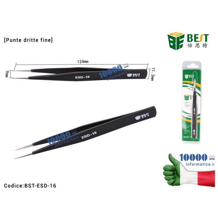 Pinzetta di Precisione BEST ESD-16 [Punte Fine Dritte] Anti-acid Tipped Stainless Steel Tweezer Fine Pointed Tips With Heat Resistance for Electronic Repair Soldering Crafting Micro-Saldature SMD Riparazioni Fingerprint Scheda Madre PCB Board