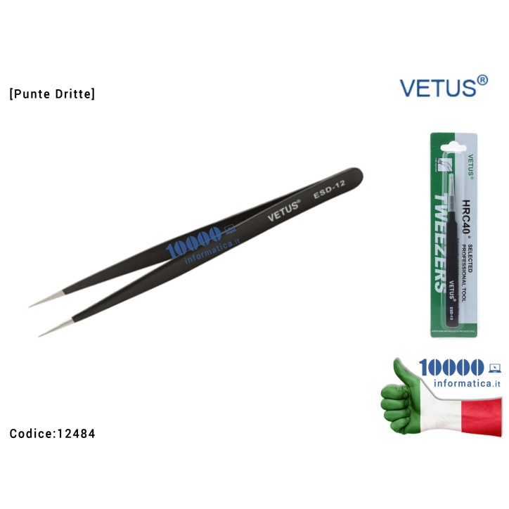 Pinzetta di Precisione VETUS ESD-12 [Punte dritte fine] Acciaio Stainless Steel Highly Precise Anti-static Removable Head Tweeze