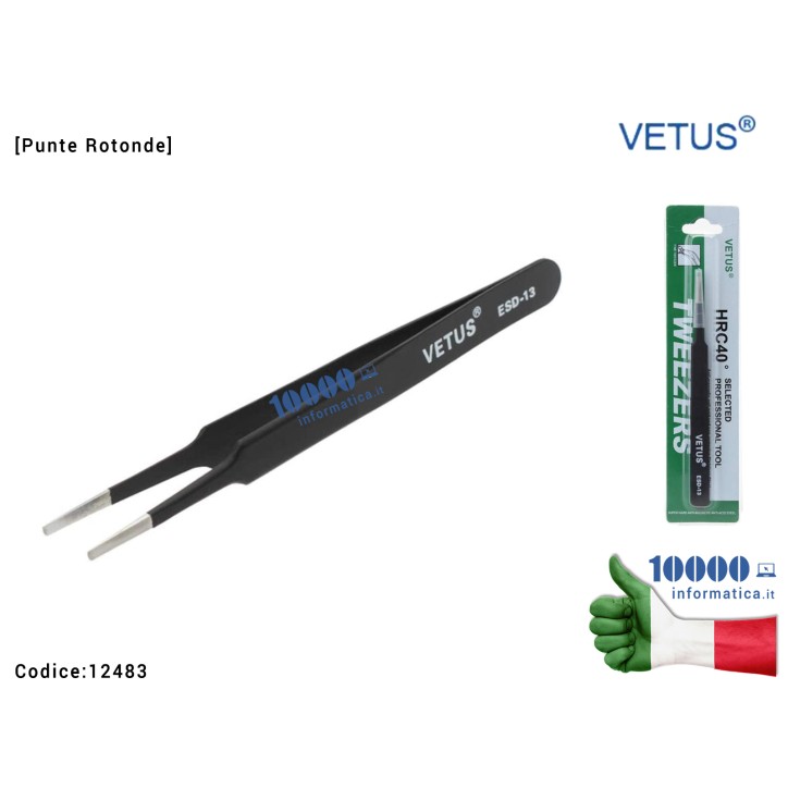 Pinzetta di Precisione VETUS ESD-13 [Punte Rotonde smussate] Acciaio Stainless Steel Highly Precise Anti-static Removable Head T