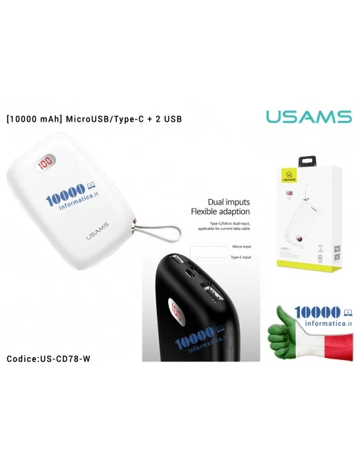 Power Bank Portatile USAMS US-CD78 [BIANCO] (10000mAh) Dual USB MicroUSB Type-C Digital Display