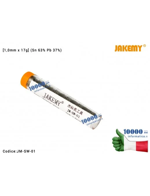 JAKEMY SOLDER WIRE JM-SW-01 BOBINA FILO DI STAGNO SPESSORE 1mm Stagno JACKEMY JM-SW-01 [1,0mm x 17g] (Sn 63% Pb 37%) Tubetto per Saldature Rotolo Saldatura Solder Tube Dispenser Soldering Wire