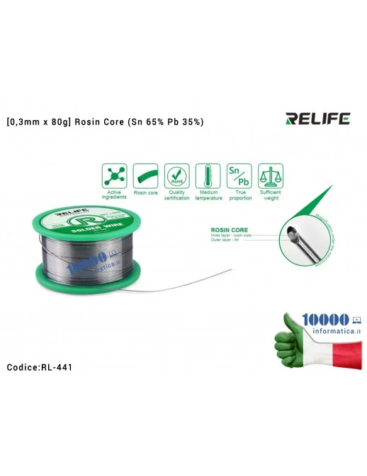 Stagno RELIFE RL-441 [0,3mm x 35g] Rosin Core (Sn 65% Pb 35%) Filo Contenente Colofonia Bobina per Saldature Rotolo Saldatura So