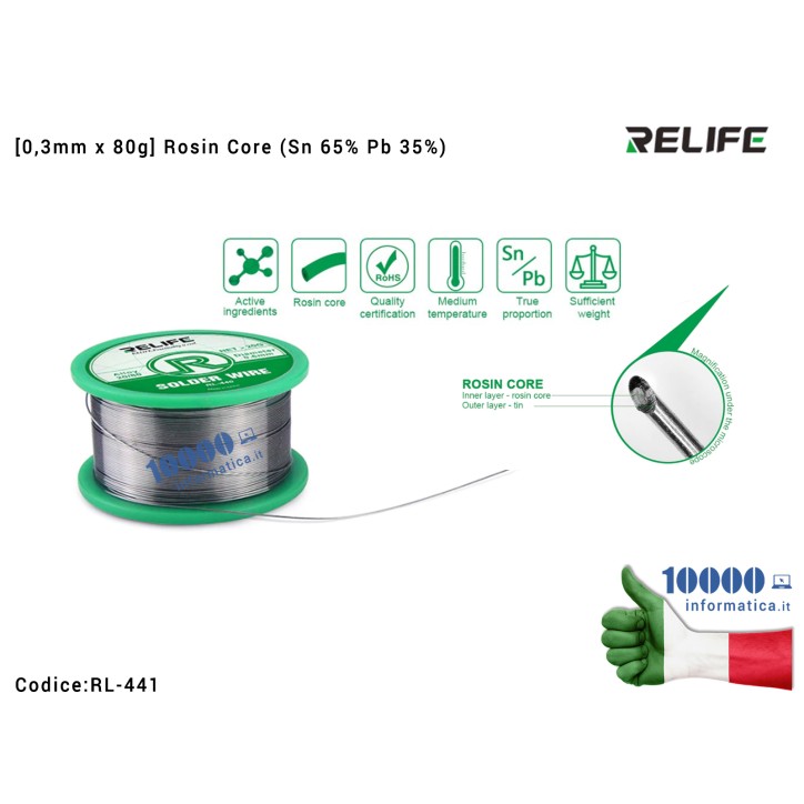 Stagno RELIFE RL-441 [0,3mm x 35g] Rosin Core (Sn 65% Pb 35%) Filo Contenente Colofonia Bobina per Saldature Rotolo Saldatura So