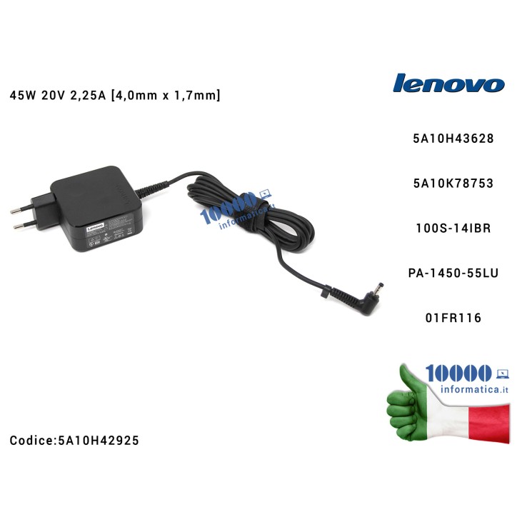 Alimentatore LENOVO 45W 20V 2,25A [4,0mm x 1,7mm] 01FR124 01FR116 01FR133 FRU01FR133