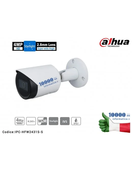 Telecamera IP DAHUA da esterno serie Lite Bullet 4 MP POE Ottica Fissa 2.8mm Smart IR 30mt, WDR 120dB e 3D DNR, SD card, IP67 ONVIF STARLIGHT S2