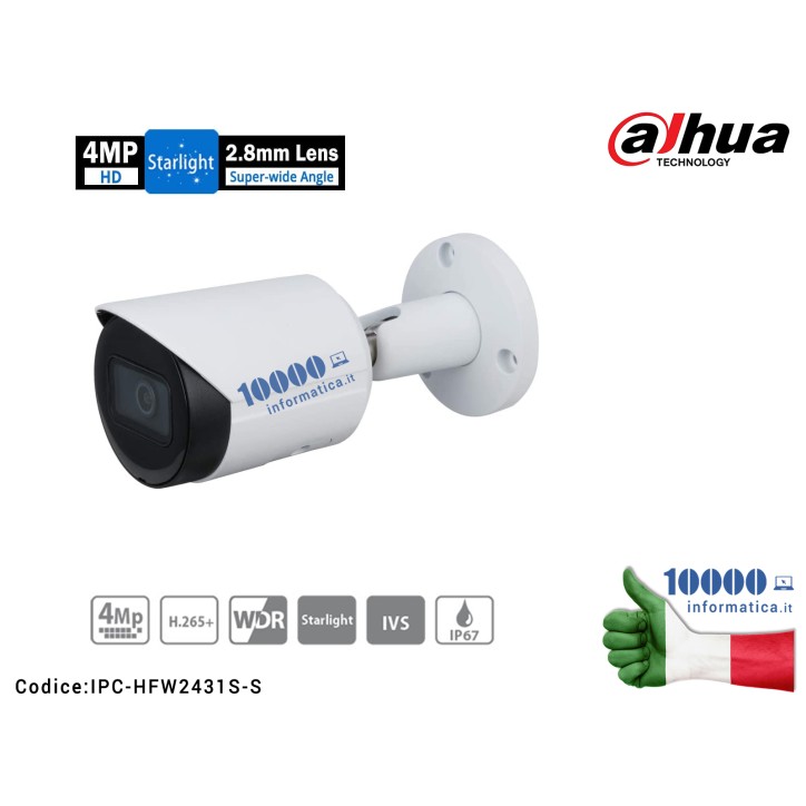 Telecamera IP DAHUA da esterno serie Lite Bullet 4 MP POE Ottica Fissa 2.8mm Smart IR 30mt, WDR 120dB e 3D DNR, SD card, IP67 ONVIF STARLIGHT S2