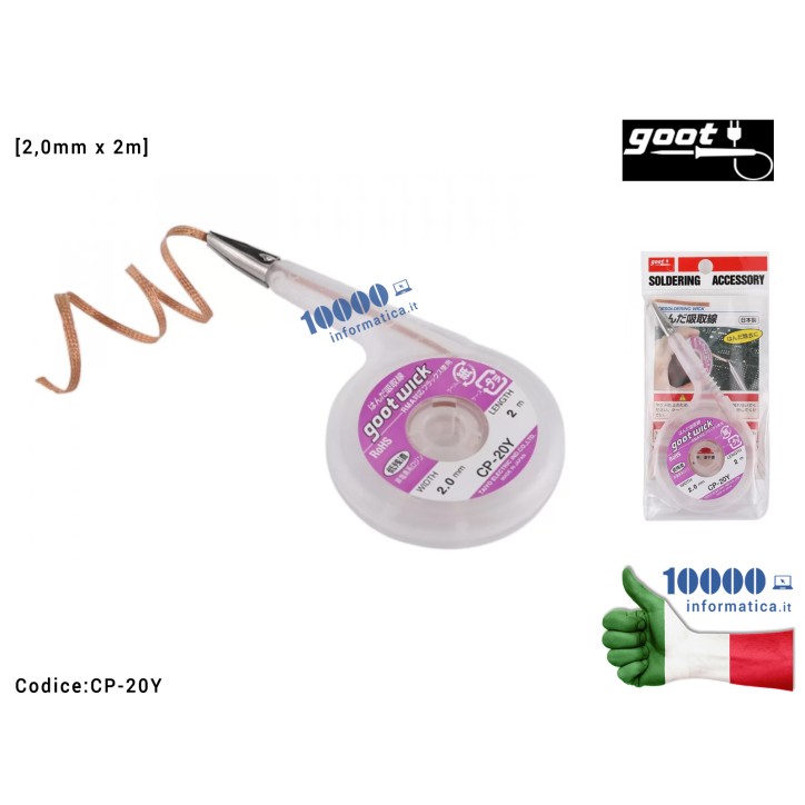 Treccia Dissaldante in Rame GOOT WICK CP-20Y [2,0mm x 2m] Trecciola Assorbi Stagno Anti-Hot Desoldering Wick Beccuccio Anti-Calo