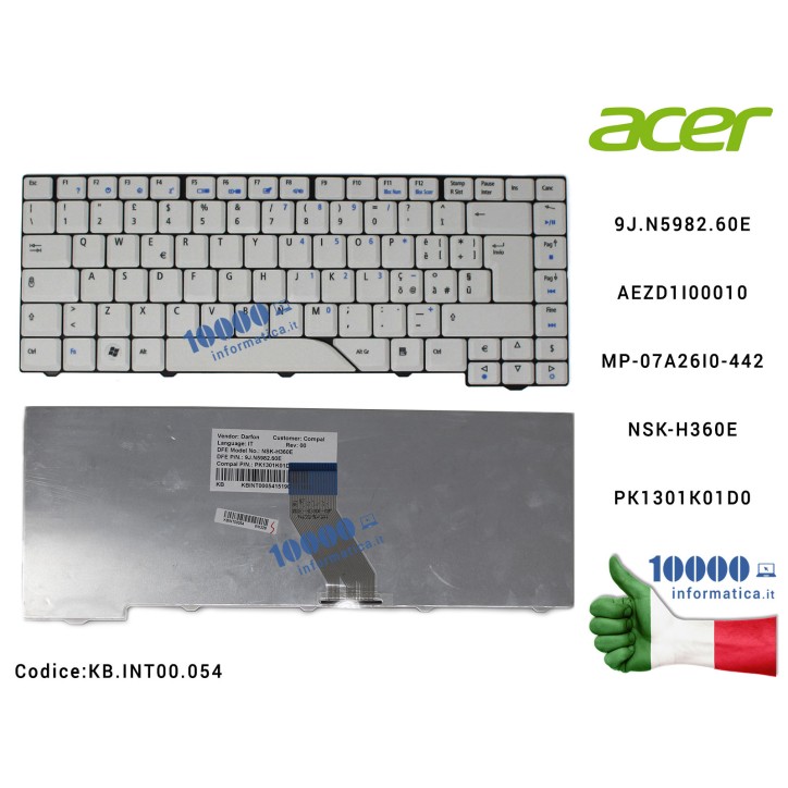 Tastiera Italiana ACER Aspire 4930 4520 4710 4720 5320 5920 4930 5720 5730 5910 6920 6935 9J.N5982.60 EAEZD1I00010 MP-07A26I0-44
