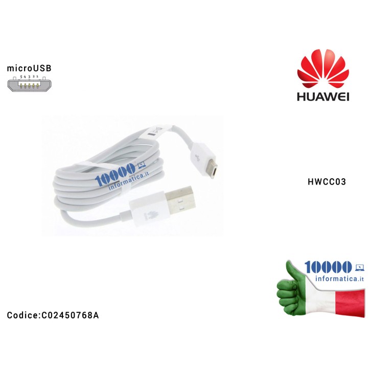 Cavo Dati Ricarica microUSB HUAWEI P8 P9 Lite P10 Lite [BIANCO] HWCC03