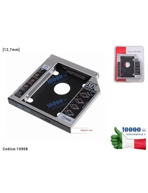 10908 Supporto Caddy Secondo Hard Disk [12,7mm] HDD SATA per Unità Ottica Masterizzatore CD/DVD [12,7mm]
