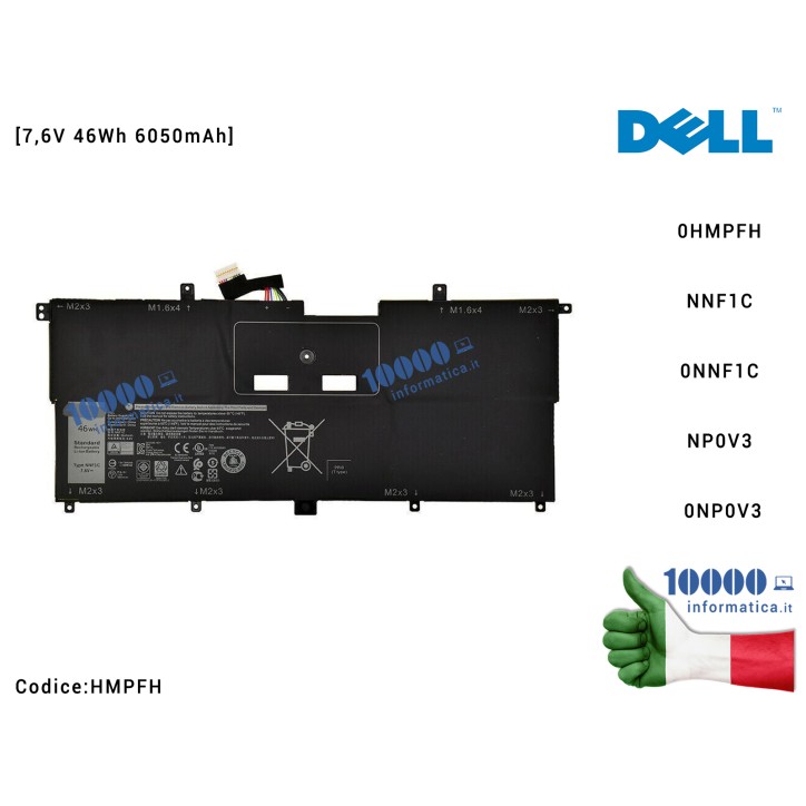 Batteria HMPFH DELL XPS 13 9365 (P71G) [7,6V 46Wh 6050mAh] HMPFH 0HMPFH CN-0HMPFH NNF1C 0NNF1C CN-0NNF1C NP0V3 0NP0V3 CN-NP0V3