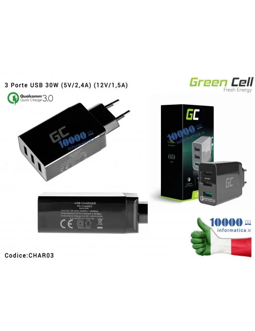 CHAR03 Alimentatore Green Cell 3 Porte USB 30W (5V/2,4A) (12V/1,5A) QC 3.0 Ricarica Veloce Fast Charging Qualcomm Quick Charg...