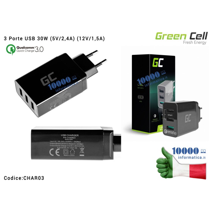 Alimentatore Green Cell 3 Porte USB 30W (5V/2,4A) (12V/1,5A) QC 3.0 Ricarica Veloce Fast Charging Qualcomm Quick Charge 3.0