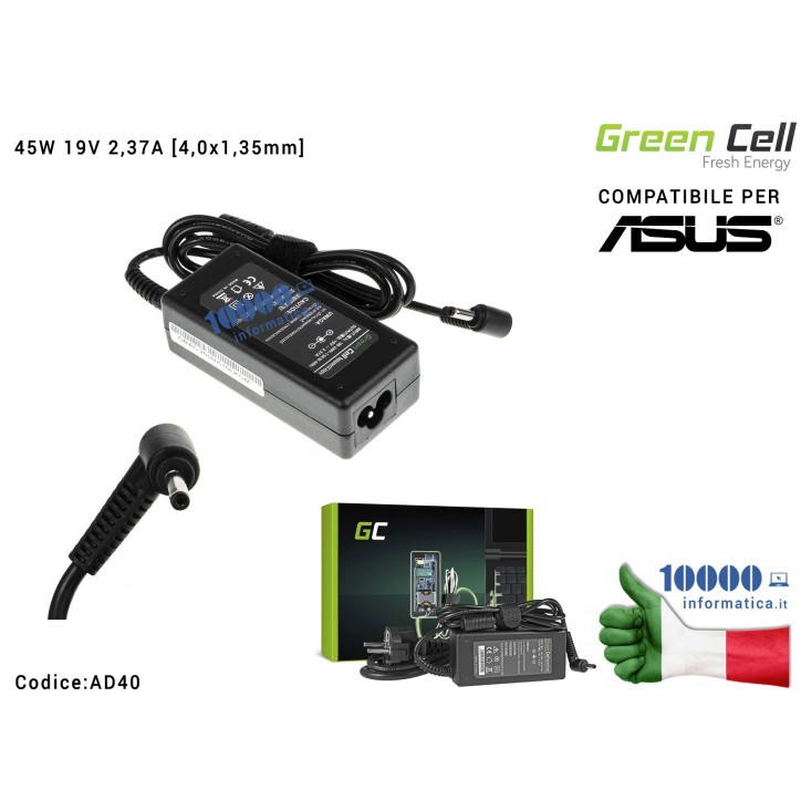 Alimentatore Green Cell 45W 19V 2,37A [4,0x1,35mm] Compatibile per ASUS ZenBook BX21A