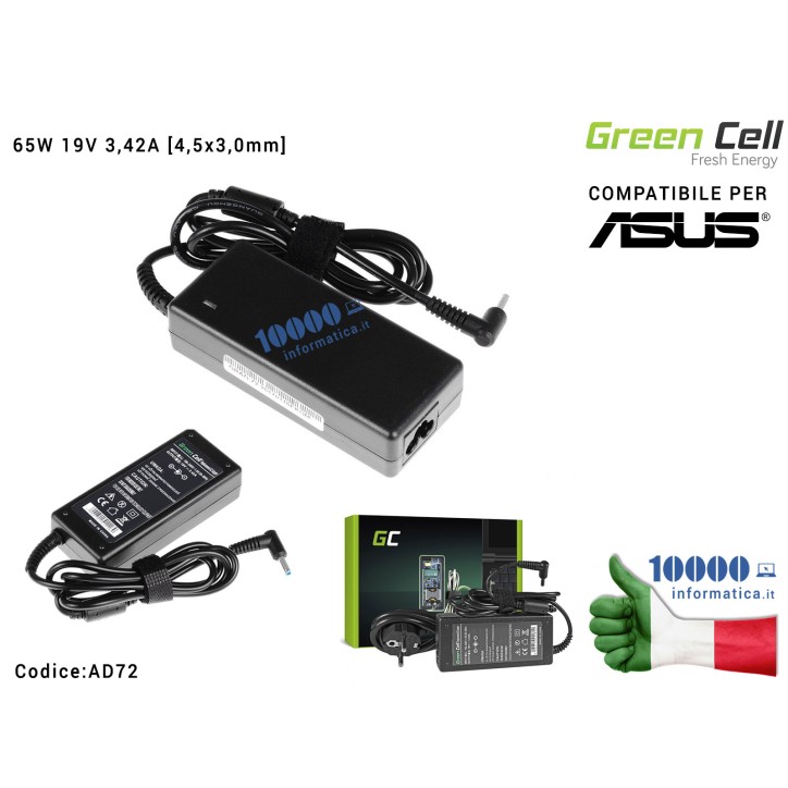 Alimentatore Green Cell 65W 19V 3,42A [4,5x3,0mm] Compatibile per ASUS AsusPro Advanced BU400 BU400A BU400V BU400VC Essential PU