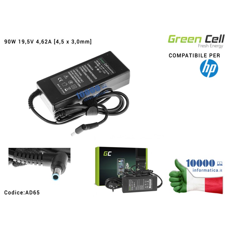 Alimentatore Green Cell 90W 19,5V 4,62A [4,5x3,0mm] Compatibile per HP Envy 15-J 15-K 17-J 17-K Pavilion 14-E 15-E 17-E 15-AK 15