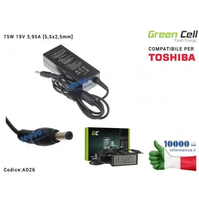 AD26 Alimentatore Green Cell 75W 19V 3,95A [5,5x2,5mm] Compatibile per TOSHIBA Satellite A100 A200 A300 L300 L40 L100 M600 M6...