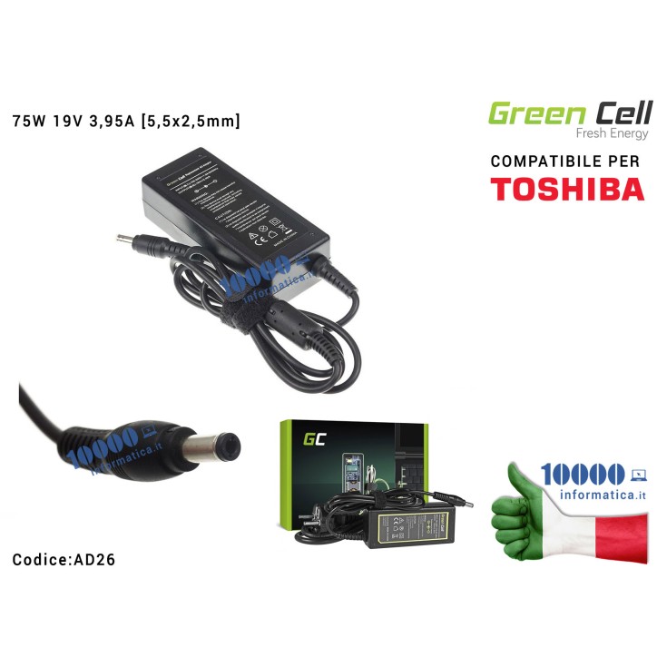 Alimentatore Green Cell 75W 19V 3,95A [5,5x2,5mm] Compatibile per TOSHIBA Satellite A100 A200 A300 L300 L40 L100 M600 M601 M602 