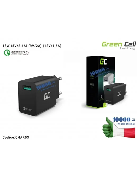 CHAR06 Alimentatore Green Cell USB 18W (5V/2,4A) (9V/2A) (12V/1,5A) QC 3.0 Ricarica Veloce Fast Charging Qualcomm Quick Charg...