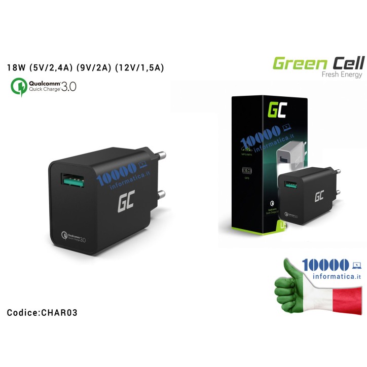 Alimentatore Green Cell USB 18W (5V/2,4A) (9V/2A) (12V/1,5A) QC 3.0 Ricarica Veloce Fast Charging Qualcomm Quick Charge 3.0
