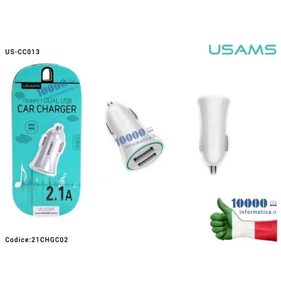 21CHGC02 Alimentatore da Auto 5V 2,1A/1A USAMS US-CC013 2 Porte USB [BIANCO] Caricabatterie per Accendisigari Macchina Car Ch...