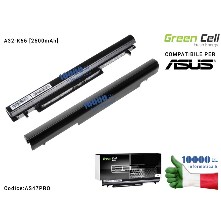 Batteria A32-K56 Green Cell PRO Compatibile per ASUS K56 K56C K56CA K56CB K56CM S56 S56C [2600mAh]
