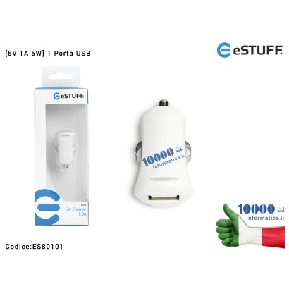 ES80101 Alimentatore da Auto [5V 1A 5W] eSTUFF 1 Porta USB [BIANCO] Caricabatteria per Accendisigari Macchina Car Charger