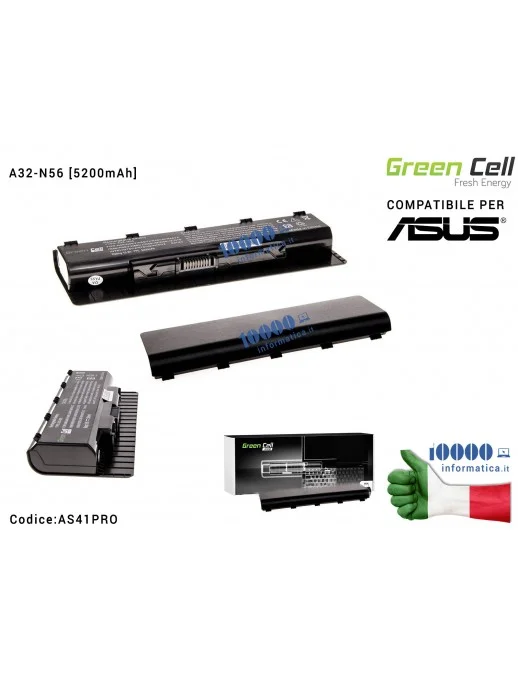 AS41PRO Batteria A32-N56 Green Cell PRO Compatibile per ASUS G56 N46 N56 N56DP N56V N56VM N56VZ N76 [5200mAh]