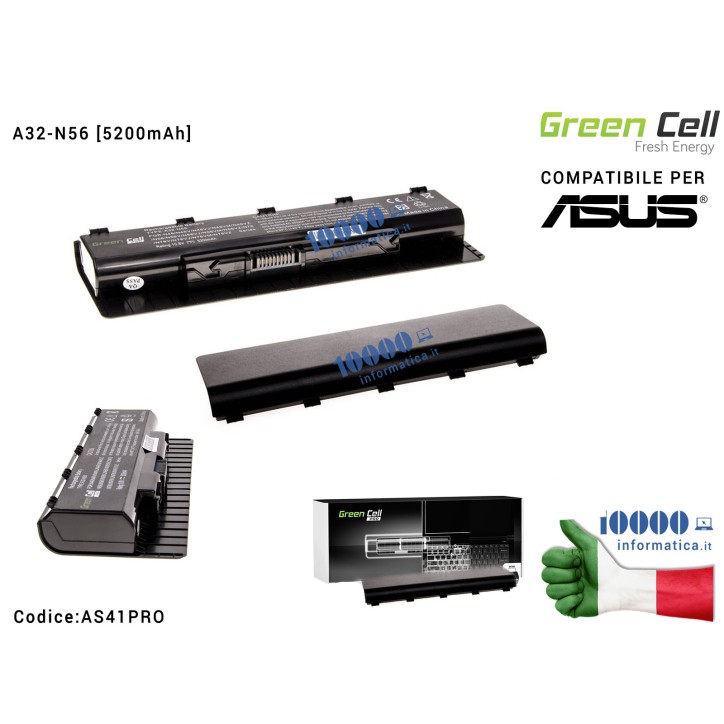 Batteria A32-N56 Green Cell PRO Compatibile per ASUS G56 N46 N56 N56DP N56V N56VM N56VZ N76 [5200mAh]