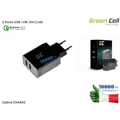 CHAR02 Alimentatore Green Cell 2 Porte USB 12W (5V/2,4A) Ricarica Intelligente iQ Smart Charging