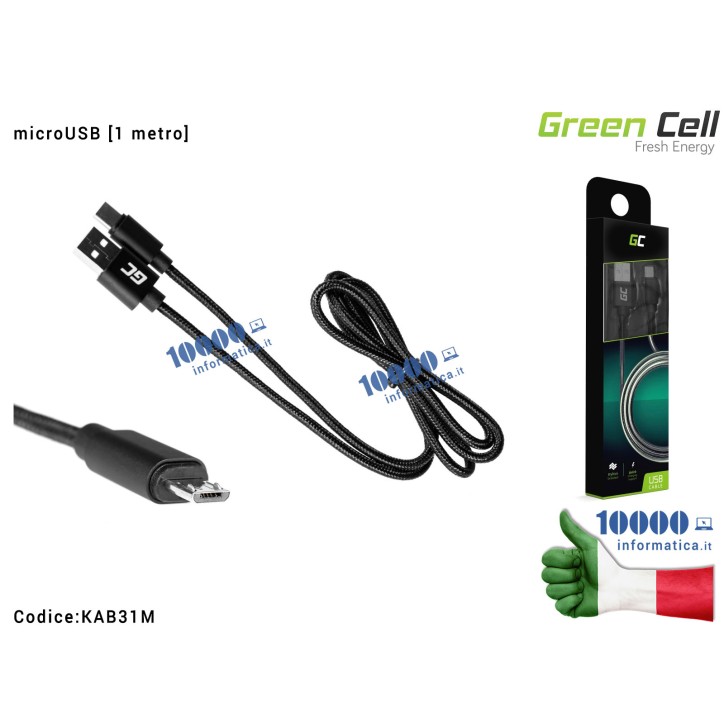Cavo Dati Ricarica USB a microUSB Green Cell [1 metro] Asus Samsung Huawei Lenovo Nokia