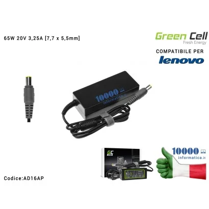 AD16AP Alimentatore Green Cell PRO LENOVO 65W 20V 3,25A [7,7 x 5,5mm] Compatibile per LENOVO B590 ThinkPad R61 R500 T430 T430...