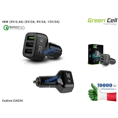 CAD34 Alimentatore Green Cell per Auto 3 porte USB 48W (5V/2,4A) (5V/3A, 9V/2A, 12V/2A) Carica Batteria Universale per Macchi...