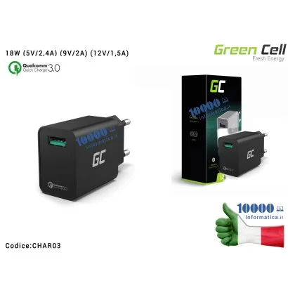 CHAR06 Alimentatore Green Cell USB 18W (5V/2,4A) (9V/2A) (12V/1,5A) QC 3.0 Ricarica Veloce Fast Charging Qualcomm Quick Charg...