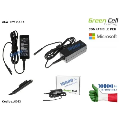 AD63 Alimentatore Green Cell [36W 12V 2,58A] Compatibile per Microsoft Surface Pro 3 i Pro 4