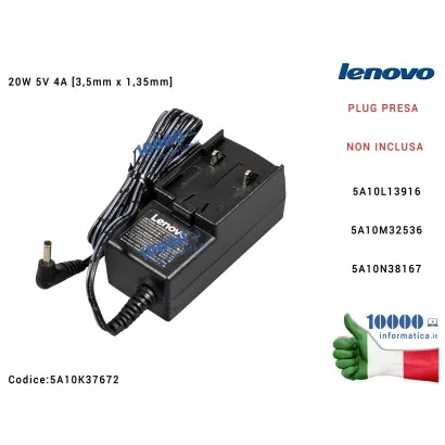 5A10K37672 Alimentatore LENOVO 20W 5V 4A [3,5mm x 1,35mm] (SENZA PLUG) 100S-11IBY (80R2) Miix 310-10ICR (80SG) Miix 320-10ICR...