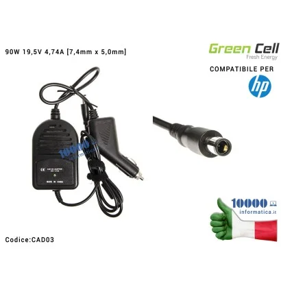 CAD03 Alimentatore per AUTO Green Cell 90W 19,5V 4,74A [7,4x5,0mm] HP DV4 DV5 DV6 ProBook 4510s 4515 4710s CQ42 G42 G61 G62 G...